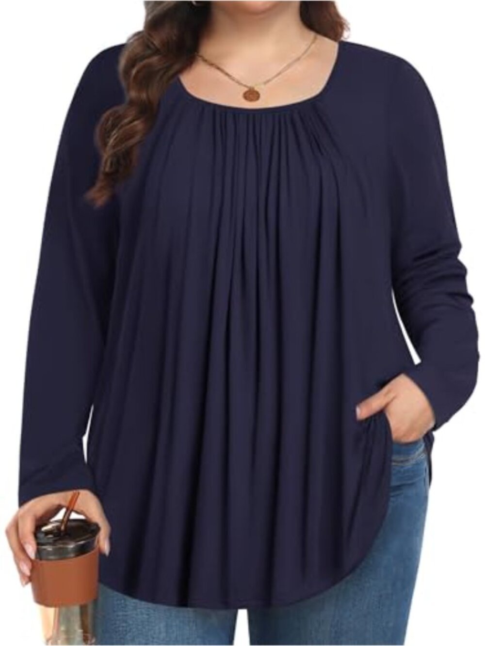 Plus Size Long Sleeve Tunic Square Neck Flowy Swing Top